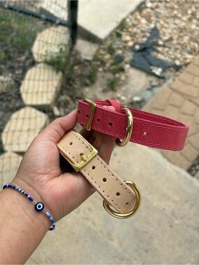 Premium Pink & Beige Leather Dog Collar with Brass Hardware